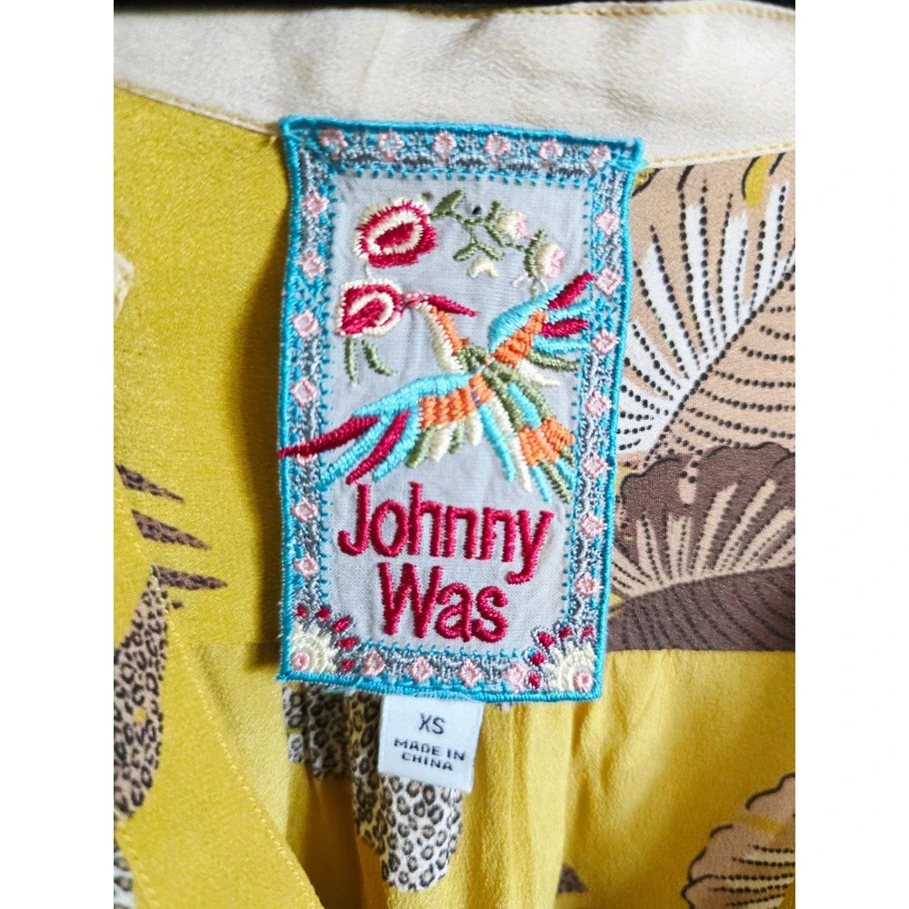 Johnny Was XS Yellow Taly Astrid Jungle Silk Safari Animal Print Tunic Blouse